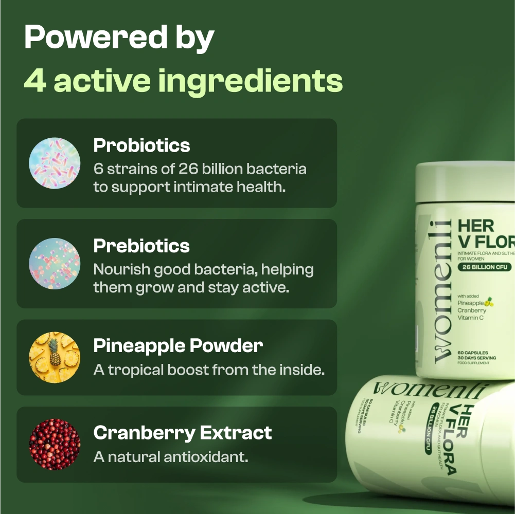 Her Women's Her Flora supplement with ingredients listed on a green background